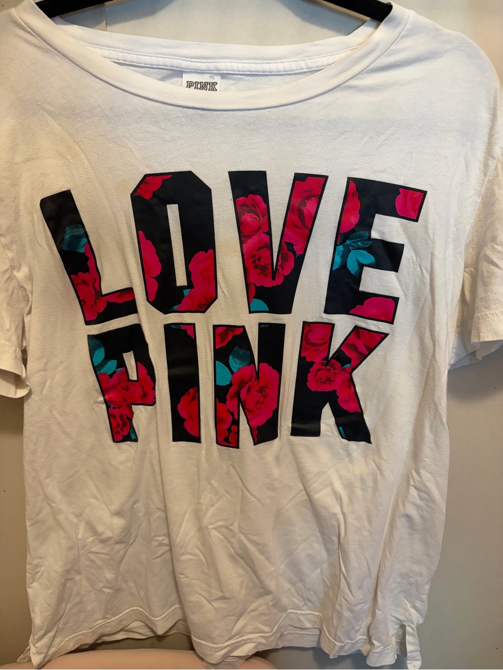 PINK Victoria's Secret White Tee with Pink & Black Floral Letters